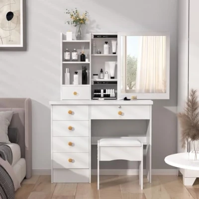 Image of Worparsen Dressing Table, LED Lights with Adjustable Brightness, Vanity Desk Sliding Mirror, Bedroom Makeup 6 Drawers, Open Shelves, Hidden Storage Space (White)