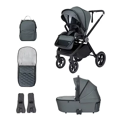 Image of Babymore Kai Pram Pushchair Safety Tested Baby Travel System with All Accessories, Flip and Fold in Forest Grey, Both Forward Rearward Facing, 0 4 Years Up to 22 Kg