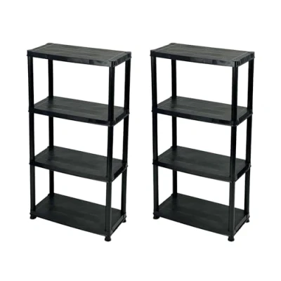 Image of Addis 4 Tier Plastic Storage Shelving Units Twin Pack Durable Freestanding Organiser for Garage, Shed, Utility Room, or Home Space Saving Easy Assembly Black
