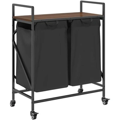 Image of vidaXL Laundry Basket 2 Compartments with Wheels Brown Oak