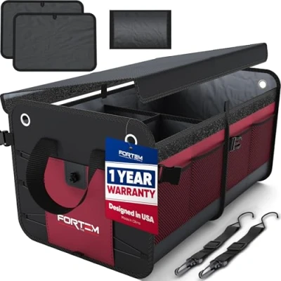 Image of FORTEM Car Boot Organiser, Tidy, Storage, Collapsible Multi Compartment Non Slip Bottom, Adjustable Securing Straps, Soft Cover (2 Compartments, Red)