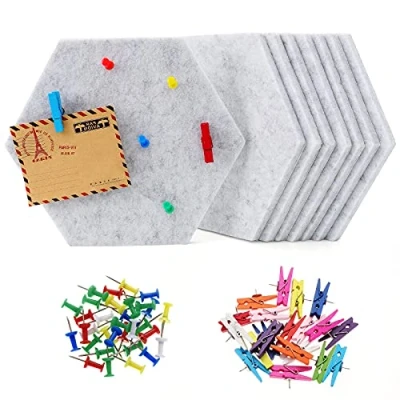 Image of HonGien 8 Pcs Self Adhesive Hexagone Felt Board Bulletin Notice with Push Pins for Office, Kitchen, Bedroom and Wall Decoration, Grey
