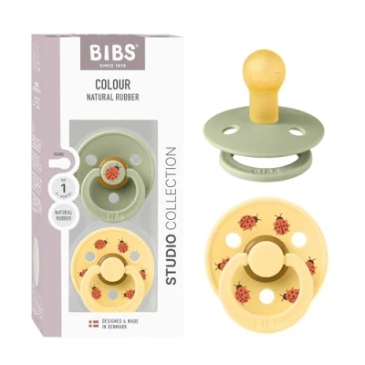 Image of BIBS Colour Studio Soother 2 Pack, BPA Free Dummy Pacifier, Round Nipple. Natural Rubber Latex, Made in Denmark, Size 1 (0 6 Months), Sage/Pale Butter