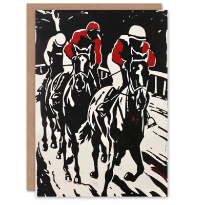 Image of Artery8 Jockeys in Horse Racing Scene Black Red Modernist Greeting Birthday Card Him Her All Blank