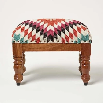 Image of HOMESCAPES Manila Kilim Footstool Traditional Handmade Orange &amp; Pink on Wooden Legs Rectangle 50 x 30 40 cm Handwoven Wool Cotton Pouffe with Indian Geometric Design
