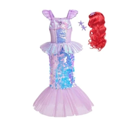 Image of Lito Angels Little Mermaid Princess Fancy Dress Up Costume Birthday Party Outfit with Hair Wig for Kids Girls Age 6 7 Years, Purple (Tag Number 130)