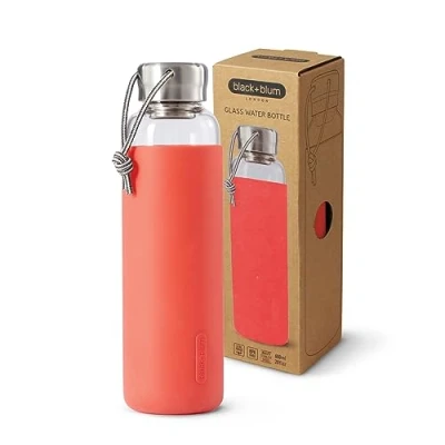 Image of Black+Blum Glass Leak Proof, Lightweight Travel Water Bottle with Protective Sleeve, Stainless Steel, Nylon, Polypropylene and Silicone, Coral, 600 ml