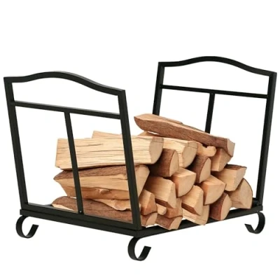 Image of Outsunny Metal Firewood Log Holder Indoor Outdoor Folding Rack Fireplace Wood Storage Shelf w/Scrolls, Rust Resistant, Black, 48L x 34W 37Hcm