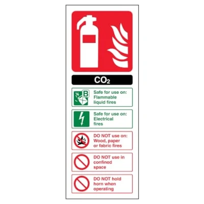 Image of V Safety Co2 Id Fire Extinguisher Sign Portrait 100mm x 280mm 1mm Rigid Plastic, Black/Green/Red