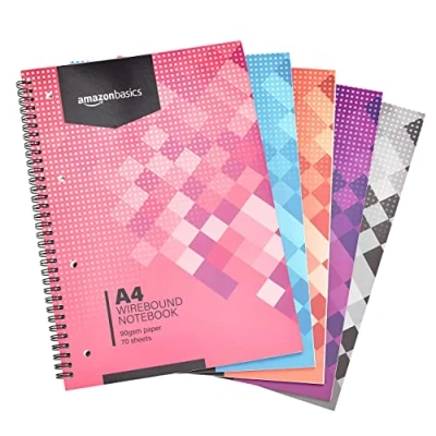 Image of Amazon Basics Wirebound Notebook, Assorted Colour, 70 Sheets / 140 Pages, A4, 90GSM, [5 Pack]