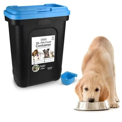 Image of ASAB Pet Food Storage Container Large 30L/15kg Plastic With Integrated Scoop and Flip Top Locking System Perfect for Dog Treats Kitten (Blue, Large)