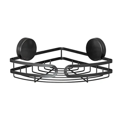 Image of WENKO Static Loc® Plus Corner Shelf Pavia Black Bathroom No Drilling Required Secure Hold Thanks to Adhesion On Smooth Airtight Surfaces 27 x 9.8 20 cm Steel