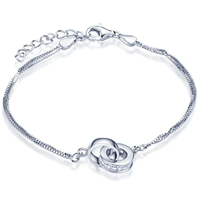 Image of Infinite U Elegant Womens Charm Bracelet 925 Sterling Silver Cubic Zirconia Interlocking Rings Hand Chain, Adjustable, Rose Gold/Silver (Silver)