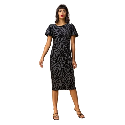 Image of Roman Originals Women Animal Print Velvet Dress Ladies Spring Everyday Summer Evening Vacation Work Holiday Long Sleeve Smart Casual Black Size 14