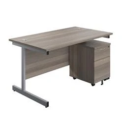 Image of 1400X800 Rectangular Desk Grey Oak Silver &amp; 2 Drawer Pedestal Bundle