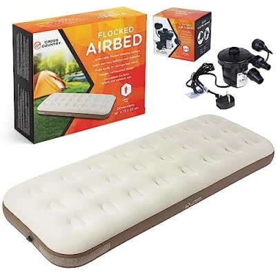 Image of CROSS COUNTRY Single Airbed + AC Electric Pump Extra Comfortable Inflatable Mattress, Waterproof Airbed, Quick Inflate/Deflate, Coil Beam Support, Blow Up Bed, Camping &amp; Guest Mattress