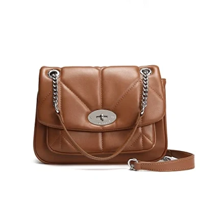 Image of David Jones Women&#039;s Crossbody Bag Quilted Girl Shoulder Chains PU Leather Clutch Messenger Medium Size Ladies Elegant Handbag Evening Party City Brown Camel