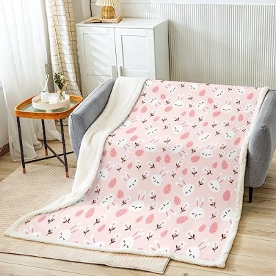 Image of Homemissing Kawaii Bunnies Fleece Throw Blanket Kids Rabbit Plush for Bed Sofa Cute Animal Sherpa Utra Soft Flowers Fuzzy Lovely Pink Single 50x60 Inch