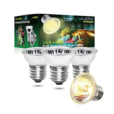 Image of Luxvista E27 50W Reptile Heating Light Bulb, UVA UVB Full Spectrum Sun Lamp for Lizard Tortoise Spider Snake, 4 Pack