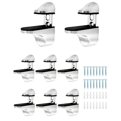 Image of QWORK® 8 Pack Adjustable Glass Shelf Bracket, Wall Mounted Zinc Alloy Support for 3 20 mm Thickness