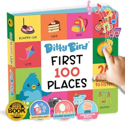 Image of DITTY BIRD Talking Books 100 Places Words for Vocabulary &amp; Speech Learning Board Toddlers 1 3 Children&#039;s Interactive Toddler with Great Pictures Sturdy Baby Sound