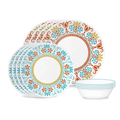 Image of Corelle 12 Piece Round Dinnerware Set, Service for 6, Lightweight Plates and Bowls Vitrelle Triple Layer Glass, Chip Scratch Resistant, Microwave Dishwasher Safe, Terracotta Dreams