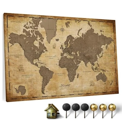 Image of Canvas World Map with Cork Pin Board English Lettering Decorative Wall Decoration for All Rooms Pictures Motif (70x50 cm, Pattern 1)
