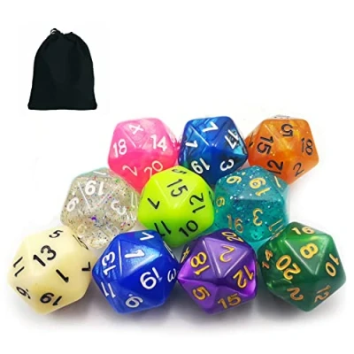 Image of Bescon 10pcs Set of 20 Sided Dice (number 1 20), 10 Count Assorted Random Multi Effected&amp;Colored Pack D20 in Drawstring Pouch