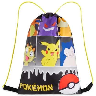 Image of Pokemon Kids Drawstring Bag Pikachu String Swim for School, Sports, PE (Black/Multi)