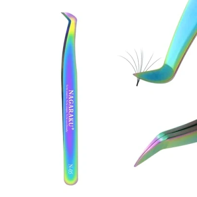 Image of NAGARAKU Tweezers for Eyelash Extension Colored Curved Volume Cluster Easy Fanning Premade Fans Professional Stainless Steel Precision Light (N 05)