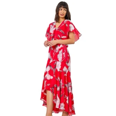Image of Roman Originals Frill Dress for Women UK Ladies Summer Wrap Chiffon Hem Layered Belted Midi Maxi Tiered Cape Special Occasion Fit &amp; Flare Wedding Guest Swing Skater Hot Pink Size 10