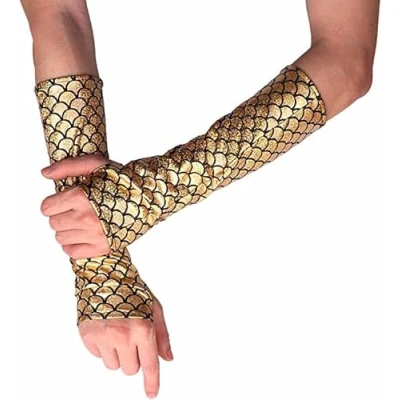 Image of RUNHENG Women&#039;s Shimmery Mermaid Gloves Fish Scale Fingerless Long Elbow Length Halloween Carnival Masquerade (Gold)