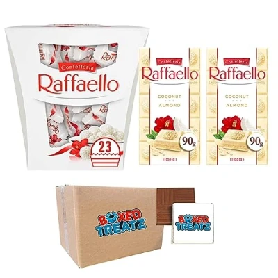 Image of Ferrero Rafaello Bundle, Coconut &amp; Almond Pralines 230g + 2 X Raffaello White Chocolate Bars With Filling 90g By Boxed Treatz