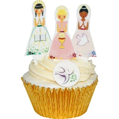 Image of Pre Cut 1st Holy Communion Mixed Edible Girl Wafer Decorations + Round Dove Toppers Pack of 12 Girls (3 Different Designs) &amp; Doves 201 744