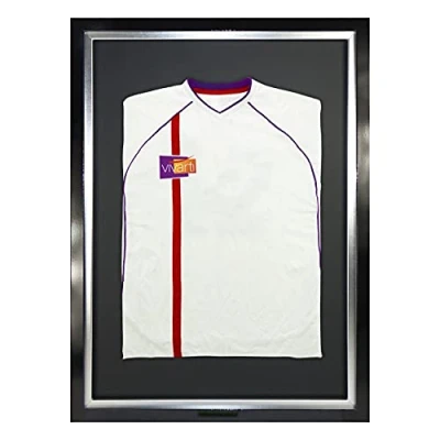 Image of Vivarti DIY Junior Standard Sports Shirt Display Frame for Football Shirt, Rugby Band T Shadow Box 50 x 70cm Gloss Black Frame, Silver Inner Backing Card