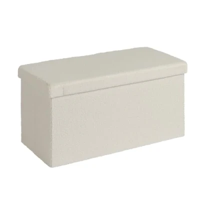 Image of Home Source Folding Ottoman Boucle Teddy Bear Fabric Storage Chest, Cream, 76cm Rectangle