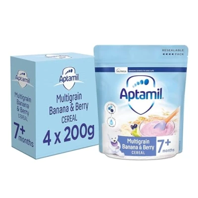 Image of Aptamil Multigrain Banana &amp; Berry Porridge Baby Food Cereal, 7+ Months, 200g (Pack of 4)