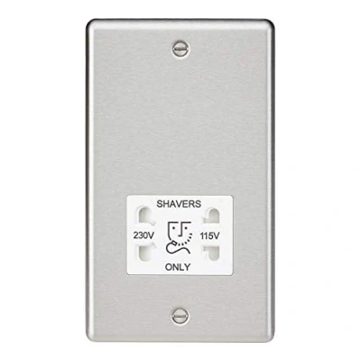 Image of KnightsBridge 115 230V Dual Voltage Shaver Socket with White Insert Rounded Edge Brushed Chrome
