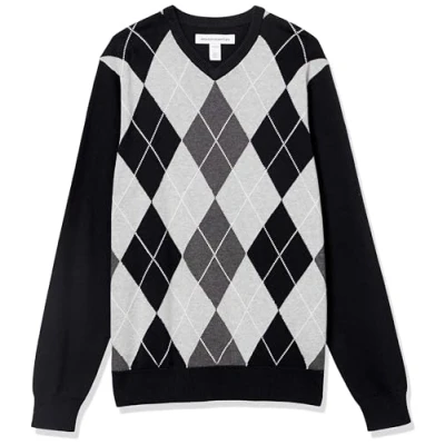 Image of Amazon Essentials Men&#039;s V Neck Sweater (Available in Big &amp; Tall), Black Argyle, S