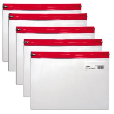 Image of Snopake A4 Plus Zippa Bag ‘S’ Classic with Write On Label [Pack of 5] 370 x 260 mm Transparent/Red Zip Strip [Ref: 12805]