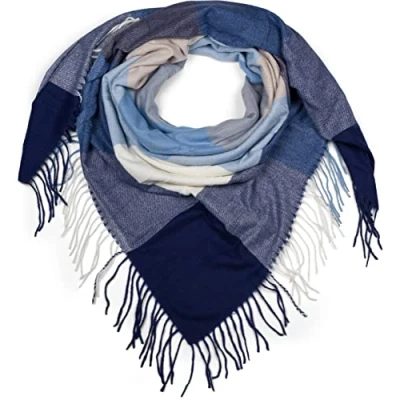 Image of styleBREAKER women square scarf XXL blanket with check print and long fringing, winter scarf, stole, shawl 01017116, Colour:Darkblue Blue Cream