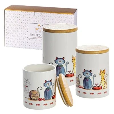 Image of SPOTTED DOG GIFT COMPANY Canister Sets for Kitchen, Ceramic Kitchen Canisters with Airtight Lids, Tea Coffee Sugar Containers, Novelty Cat Accessories Gifts Lovers (Set of 3)