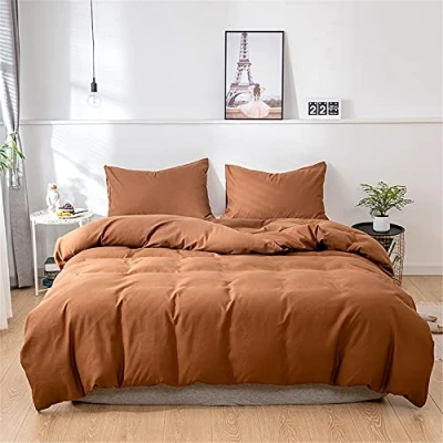 Image of Oduo Duvet Cover Set 2/3 Pieces Nordic Simplicity Plain Reversible Soft Microfiber Single Double King Size Bedding Quilt Zipper Closure with Pillowcases (Brown,King 220x240cm)