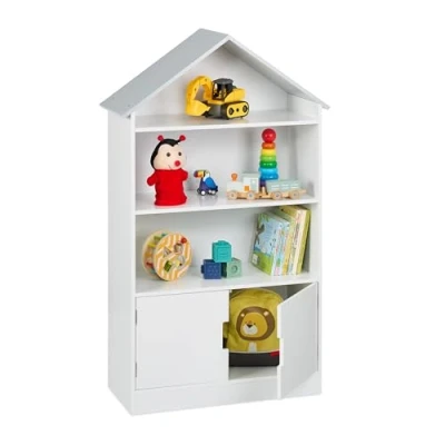 Image of Relaxdays Children&#039;s Shelf, House Shaped Bookshelf, 3 Open &amp; 1 Closed Compartments, HWD: 115 x 68 28 cm, White/Grey, Fibreboard