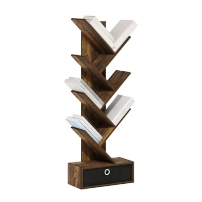 Image of Furinno Tree Bookshelf 7 Tier Floor Standing Bookcase with Bin Drawer, Amber Pine/Black