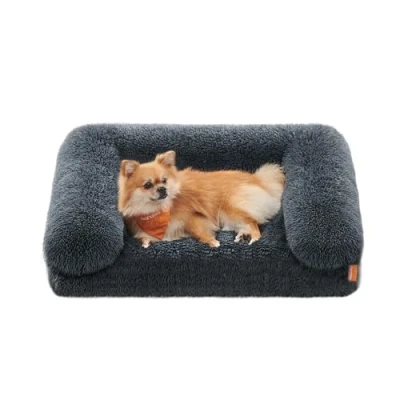 Image of Feandrea Fluffy Dog Bed, Medium Orthopedic Sofa Bed for Miniature and Small Dogs, Egg Crate Foam Pet Couch with Sides Removable Washable Cover, 76 x 58 23 cm, Dark Grey PGW231G01