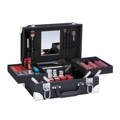 Image of Relaxdays Cosmetic Case, Makeup Storage Box, Nail Varnish Bag, Mirror, Empty, HxWxD 12.5 x 31 23 cm, Black/White