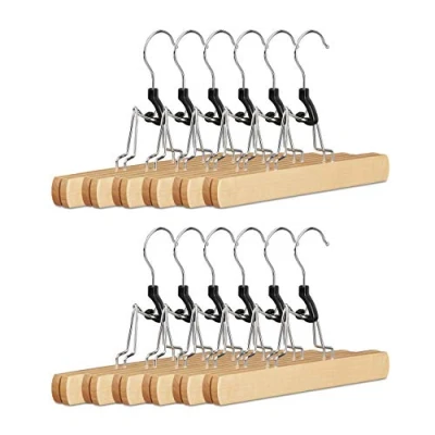 Image of Relaxdays Wooden Clamp Coat Hangers for Trousers, Set of 12, Silver Hanger with Felt Lining, HWD: 17 x 25 2.3, Natural