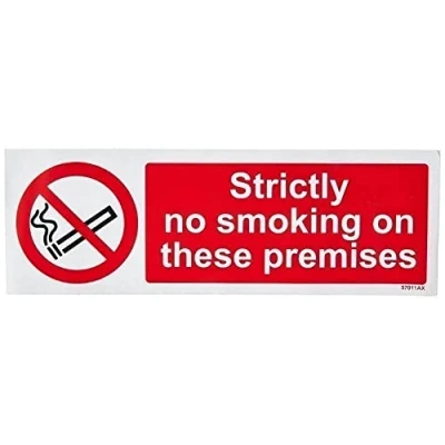 Image of V Safety 57011AX S Strictly No Smoking On These Premises Prohibition Sign Landscape 300mm x 100mm Self Adhesive Vinyl, Black/Red
