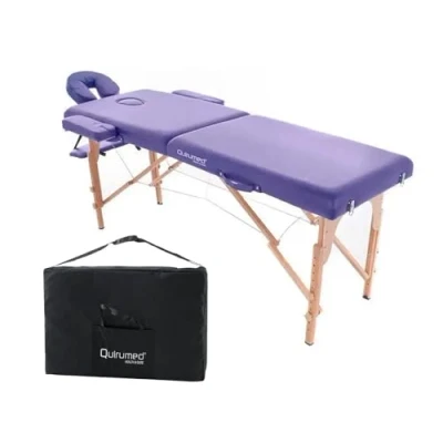 Image of QUIRUMED Folding Easy Wooden Massage Table, Purple, 194 x 70 cm, Physiotherapy Massage, Leatherette, Articulated Head, Adjustable Height, 2 Bodies, Up to 150 kg